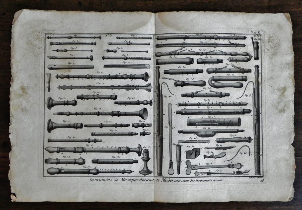 Gravures d'instruments de musique tirées de l'encyclopédie Diderot et d'Alembert Original engravings plates of musical instruments taken from the encyclopedia Diderot and d'Alembert, 18th century.