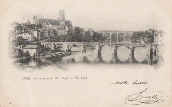 carte postale d'Albi, la cathédrale Sainte Cécile, le Tarn et les deux ponts, avant 1896