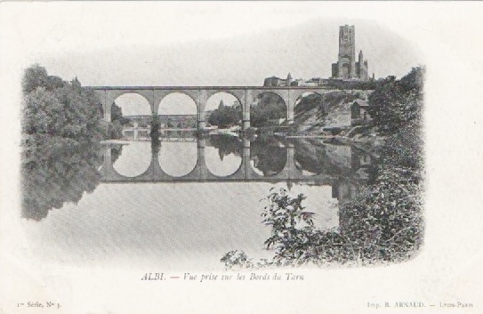 carte postale d'Albi, le Tarn, le pont du chemin de fer et la cathédrale Sainte Cécile, vers 1900